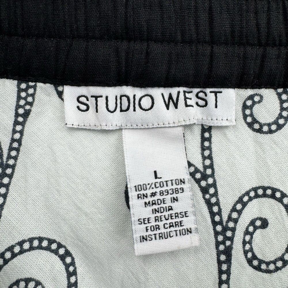 Studio West Paisley A-Line Skirt Blue Black White Cotton Midi Flared Size L - Picture 3 of 6